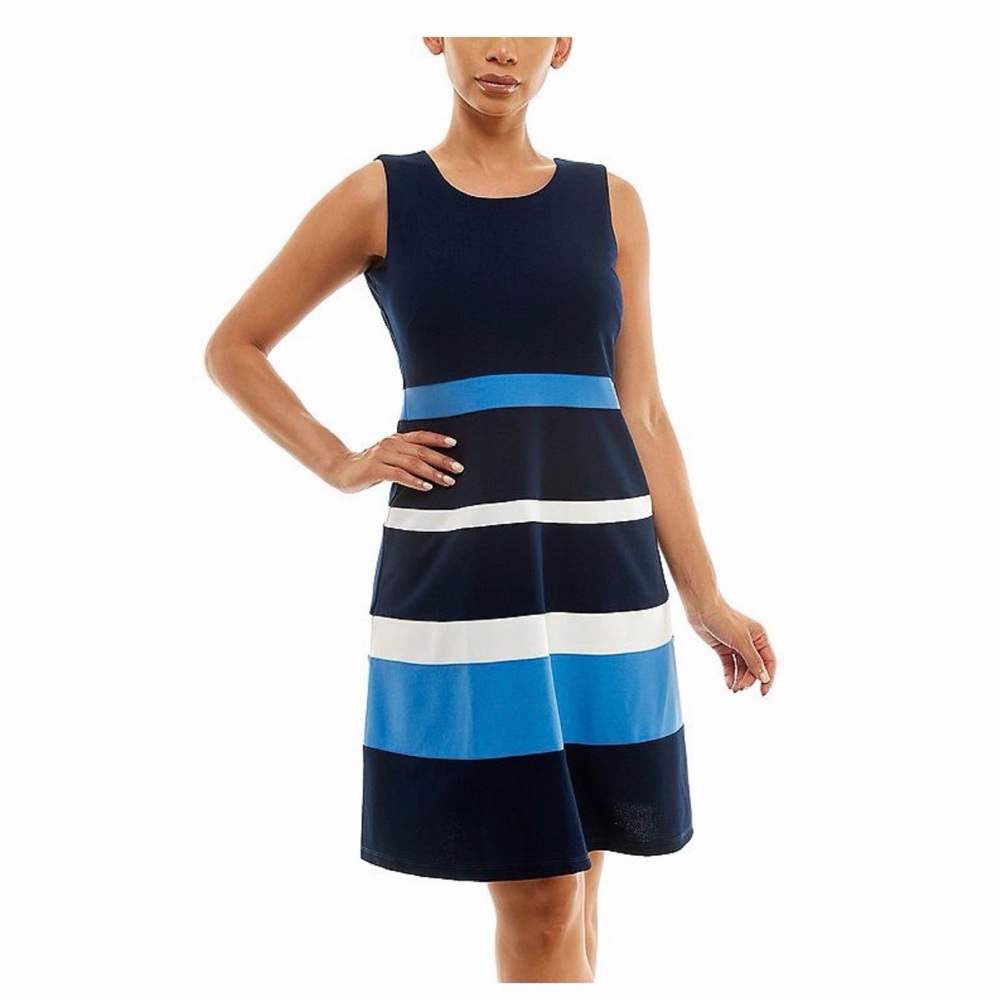 Nina Leonard Navy and Blue Colorblock Dress